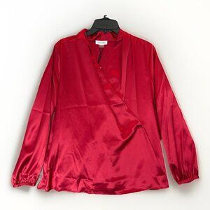 Calvin Klein Women's Satin Blouse Plus Size 1X Red Wrap Front V-Neck NWT $89